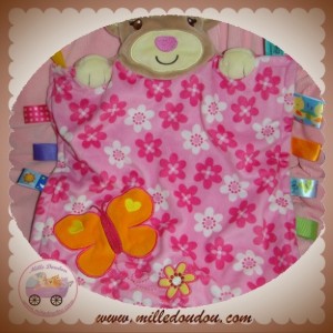 TAGGIES SOS DOUDOU OURS MOUCHOIR PLAT ROSE FLEUR PAPILLON ETIQUETTES