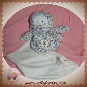 BERLINGOT SOS DOUDOU POUPEE BLANC FLEUR BLEU MOUCHOIR