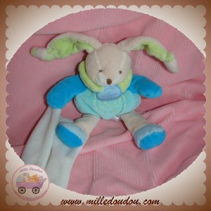 DOUDOU ET COMPAGNIE SOS LAPIN FLEUR VERT BLEU BOULE MOUCHOIR DC2573