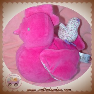 JACADI SOS DOUDOU POULE ROSE FUSHIA OISEAU TISSU FLEURS EVEIL