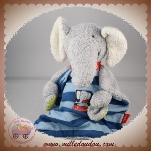 SIGIKID SOS DOUDOU ELEPHANT GRIS PLAT TISSU RAYE BLEU