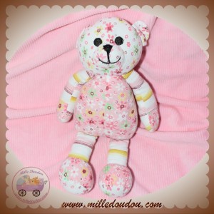 SOS DOUDOU OURS TISSU RAYE FLEURS ROSE BLANC JAUNE