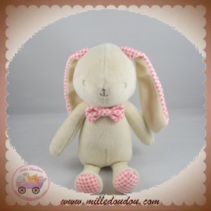 KLORANE SOS DOUDOU LAPIN BEIGE NOEUD PAPILLON VICHY ROSE