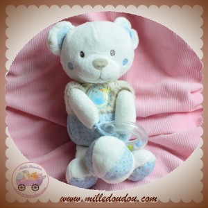 MOTS D'ENFANTS SOS DOUDOU OURS BLANC POIL BEIGE CORPS BLEU EVEIL