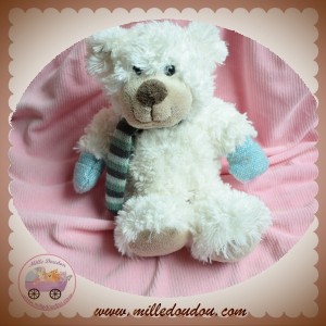 ENESCO SOS DOUDOU OURS BLANC ECHARPE RAYE VERT BLEU