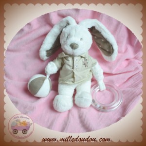 POMMETTE SOS DOUDOU LAPIN BLANC TAUPE CHEMISIER LIN EVEIL HOCHET BALLON