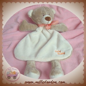 SOS DOUDOU OURS PLAT ECRU DOS BEIGE ECHARPE VICHY ORANGE BABY TEDDY