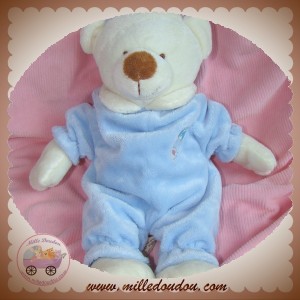 PLUSH & COMPANY SOS DOUDOU OURS ECRU HABIT BLEU PINGLE A NOURRICE