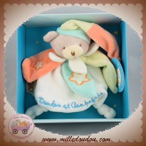 DOUDOU ET COMPAGNIE SOS OURS GRIS FLUORESCENT PLAT BLANC COLERETTE VERT ORANGE ETOILE HIBOU