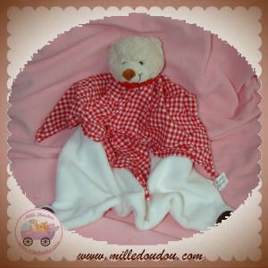 SOS DOUDOU OURS PLAT BLANC CORPS TISSU VICHY ROUGE CROIX ROUGE