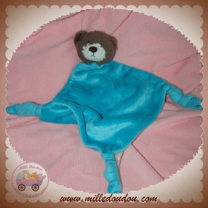 CARREBLANC SOS DOUDOU OURS PLAT LOSANGE BLEU TURQUOISE NOEUD