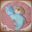 KEEL TOYS SOS DOUDOU OURS BEIGE ALLONGE BLEU COUSSIN VICHY