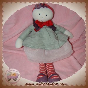 JACADI SOS DOUDOU POUPEE ROBE LIN GRIS JAMBES ROUGE RAYE