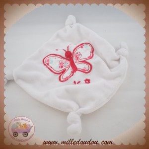 SOS DOUDOU MOUCHOIR PLAT BLANC PAPILLON ROSE BLEU NOEUD