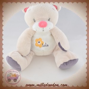 ARTHUR ET LOLA SOS DOUDOU OURS GRIS VIOLET ROSE FLEUR