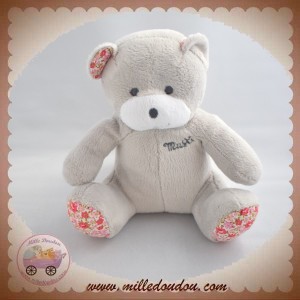 MUSTI MUSTELA SOS DOUDOU OURS PELUCHE GRIS FLEUR ROSE