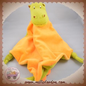 CARRE BLANC SOS DOUDOU DRAGON VERT PLAT ORANGE NOEUD