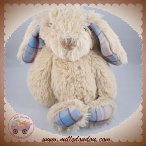 COTTON BLUE SOS DOUDOU LAPIN POIL GRIS TAUPE OREILLES BLEU RAYE