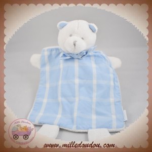 JACADI SOS DOUDOU OURS BLANC PLAT TISSU RAYE BLEU