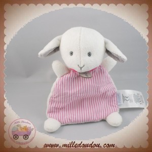 JACADI SOS DOUDOU MOUTON PLAT BLANC DEVANT TISSU RAYE ROSE