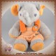 STEIFF SOS DOUDOU ELEPHANT GRIS SALOPETTE ORANGE