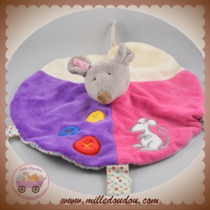 RODADOU SOS DOUDOU SOURIS GRISE PLAT ROND ECRU ROSE VIOLET CROIX