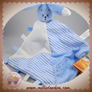 AUCHAN SOS DOUDOU LAPIN BLEU PLAT BLANC RAYE TISSU ETOILE