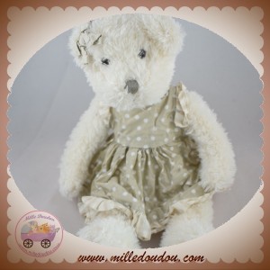 LA GALLERIA SOS DOUDOU OURS BLANC ROBE TAUPE A POIS BLANC