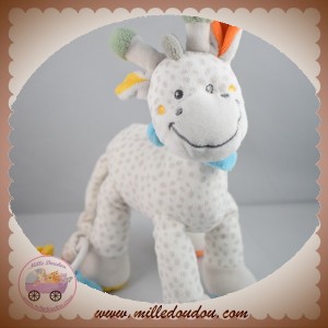 TEX SOS DOUDOU GIRAFE BLANC POIS GRIS MUSICAL FOULARD BLEU