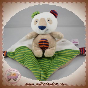 POMMETTE SOS DOUDOU OURS PANDA BLANC MARRON CAPE VERT RAYE