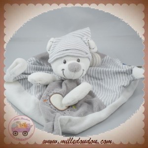 MOTS D'ENFANTS SOS DOUDOU OURS PLAT BLANC GRIS RAYE