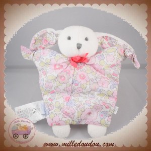 JACADI SOS DOUDOU LAPIN BLANC PLAT TISSU FLEURS