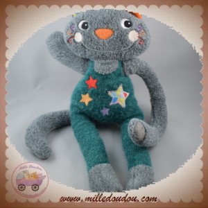 EBULOBO SOS DOUDOU CHAT GRIS SALOPETTE VERTE ETOILES