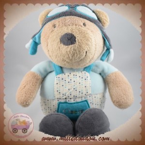 SOS SAUTHON DOUDOU OURS BEIGE BLEU OSCAR AVIATEUR 28 CM