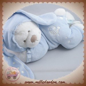 NICOTOY SOS DOUDOU OURS BLANC ALLONGE DEGUISE EN LAPIN BLEU FLUORESCENT MUSICAL