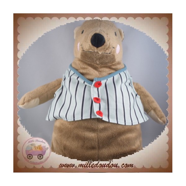 IKEA SOS DOUDOU CASTOR OURS MARRON GILET RAYE VERT NALLEBJORN
