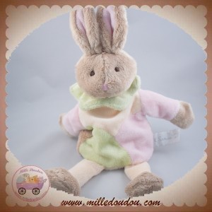 SIRETEX SOS DOUDOU LAPIN BEIGE MARIONNETTE ROSE VERT