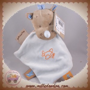 NATTOU SOS DOUDOU RHINOCEROS LOUIS LOSANGE ATTACHE TETINE BLEU BEIGE AVION