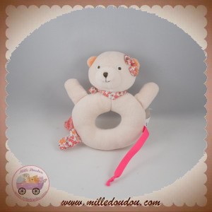 DPAM SOS DOUDOU OURS HOCHET ECRU TISSU ORANGE FLEURS