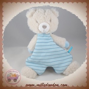 SUCRE D'ORGE SOS DOUDOU OURS ECRU PLAT TISSU RAYE BLEU