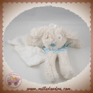 SUCRE D'ORGE SOS DOUDOU CHIEN ECRU PLAT TISSU RAYE BLEU MOUCHOIR