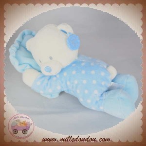 KEEL TOYS SOS DOUDOU OURS BLANC ALLONGE BLEU COUSSIN