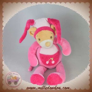 NOUNOURS SOS DOUDOU SOURIS BEIGE CORPS ROSE FUSHIA CERISE 30 CM