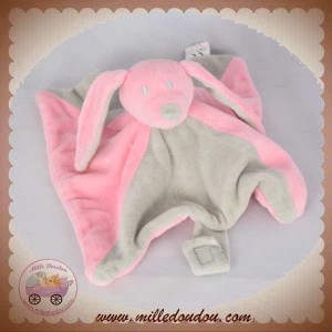 BABOU SOS DOUDOU LAPIN PLAT ROSE GRIS ATTACHE TETINE