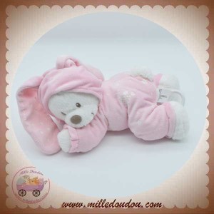 NICOTOY SOS DOUDOU OURS BLANC ALLONGE DEGUISE EN LAPIN ROSE FLUORESCENT MUSICAL