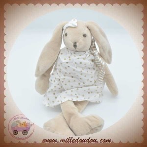 JJA ATMOSPHERA SOS DOUDOU LAPIN BEIGE GRIS ROBE BLANCHE A POIS