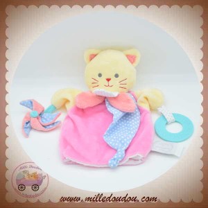 DOUDOU ET COMPAGNIE CHAT MARIONNETTE JAUNE ET ROSE ANNEAU DENTITION