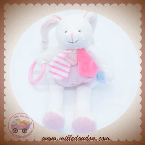 Doudou plat lapin NATTOU Les Rigolos marionnette rose blanc - SOS d