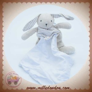 BERLINGOT SOS DOUDOU LAPIN BEIGE PLAT RAYE MOUCHOIR BLANC