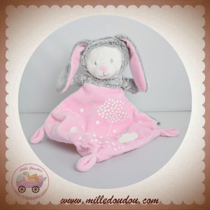 MOTS D'ENFANTS SOS DOUDOU OURS BLANC DEGUISE EN LAPIN GRIS PLAT FLUORESCENT ROSE